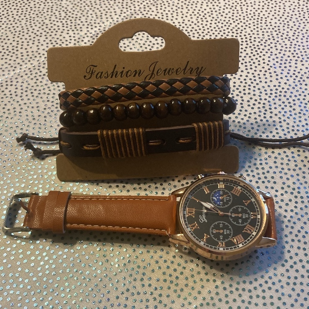 Men Round Pointer Quartz Watch & 3pcs Bracelet beautiful new brown - Picture 7 of 16